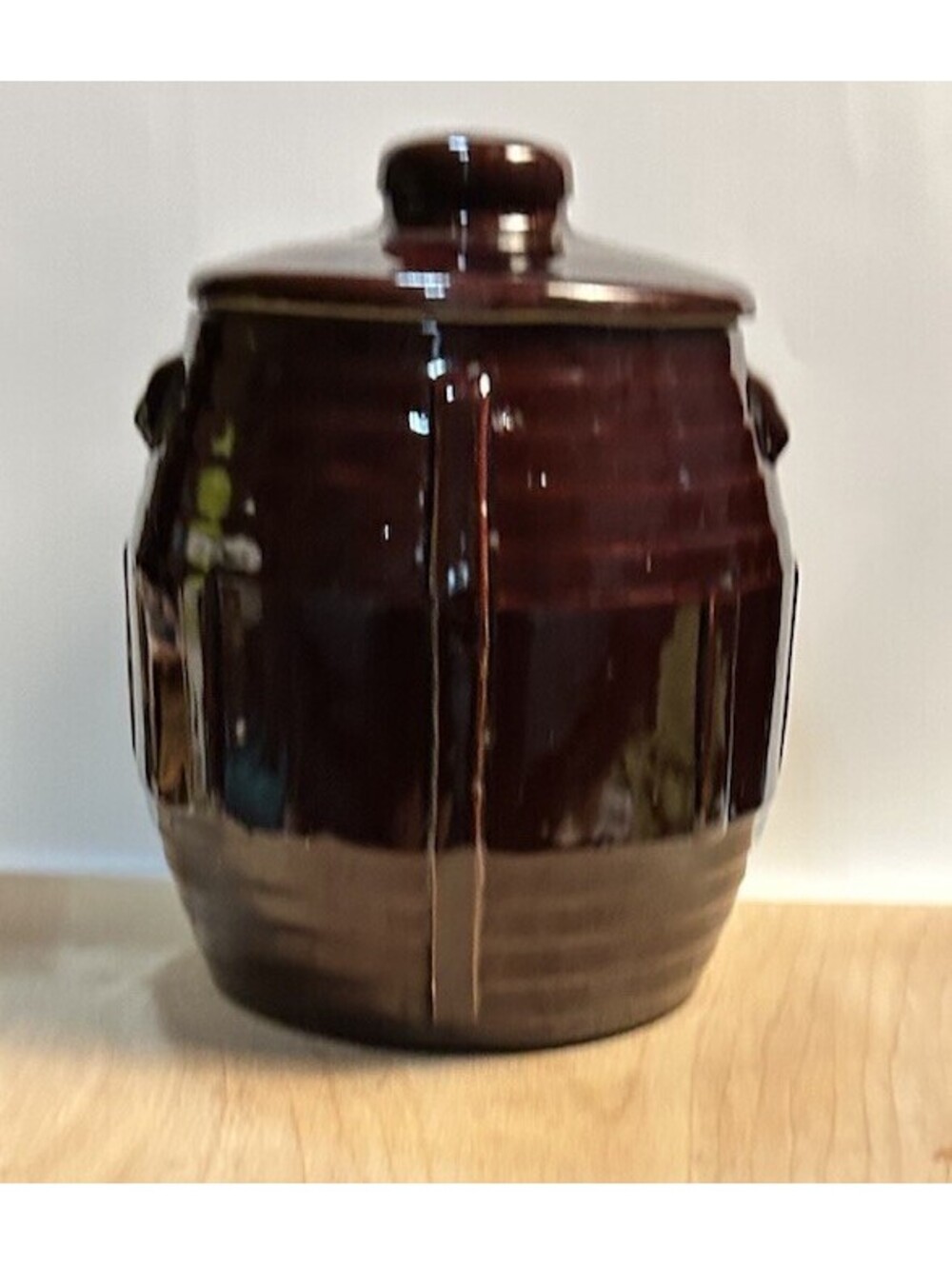 Vintage Zanesville Brown Glazed Barrel Cookie Jar With Lid